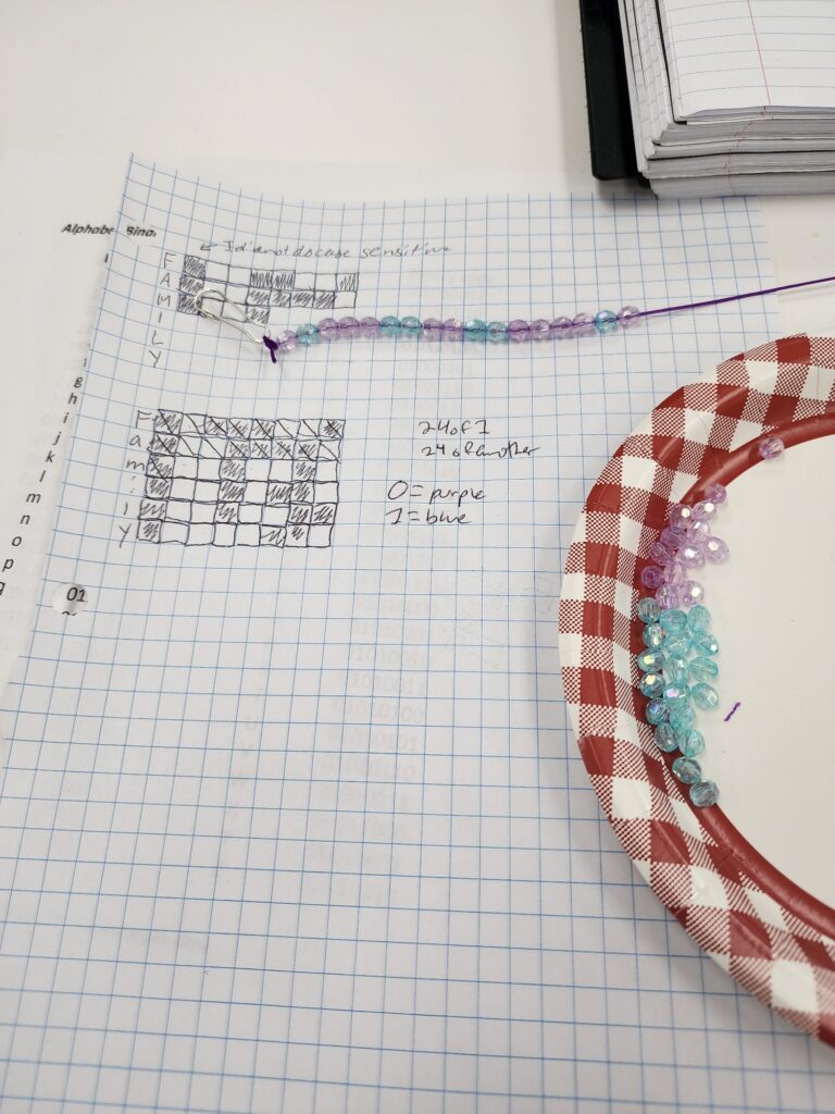 Image of beads on a string on top of paper that shows code pattern, and plate partially in image with rest of beads to be used